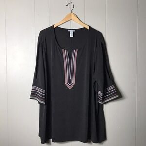 CATHERINES BLACK EMBROIDERED KAFTAN V NECK TUNIC SLIT SLEEVES WOMENS SIZE 2X